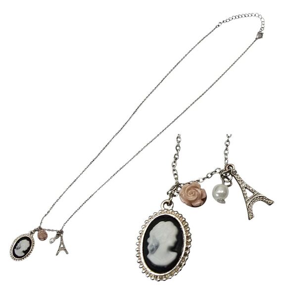 Cameo, Rose‎ & Eiffel Tower Charm Necklace France Floral Delicate 25" Long - Picture 1 of 5